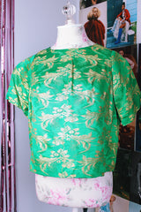 short sleeve green blouse with gold metallic embroidery all over vintage 1960's