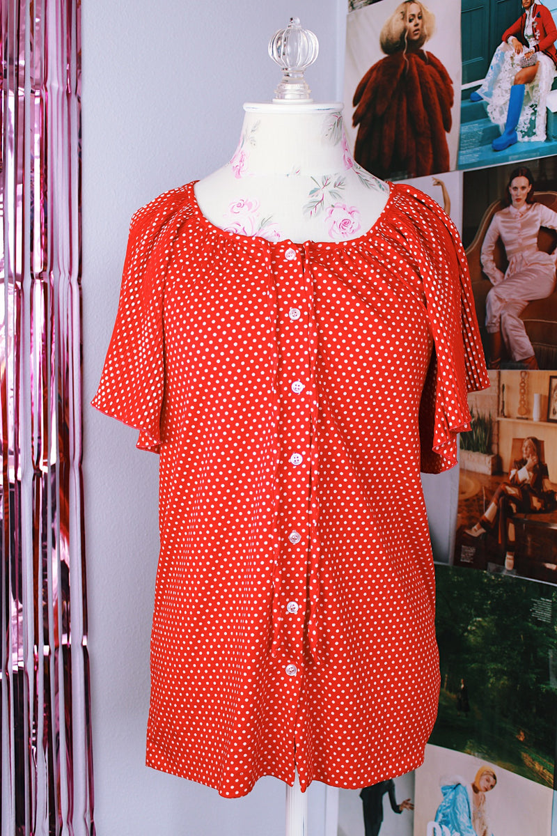 red with white polka dots flutter sleeve button up polyester blouse vintage 1970's