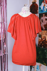 red with white polka dots flutter sleeve button up polyester blouse vintage 1970's