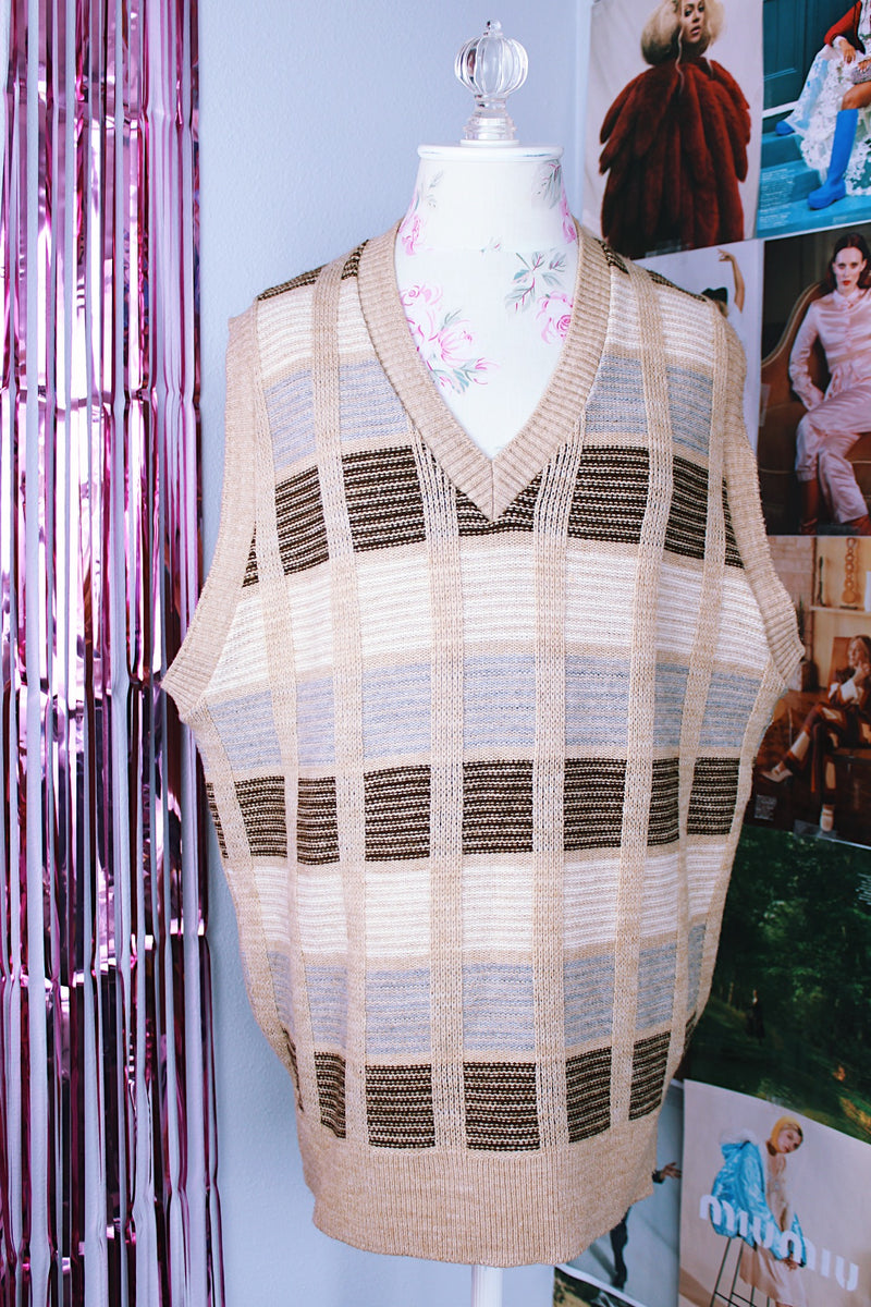 tan striped sleeveless v neck sweater vest acrylic vintage 1970's
