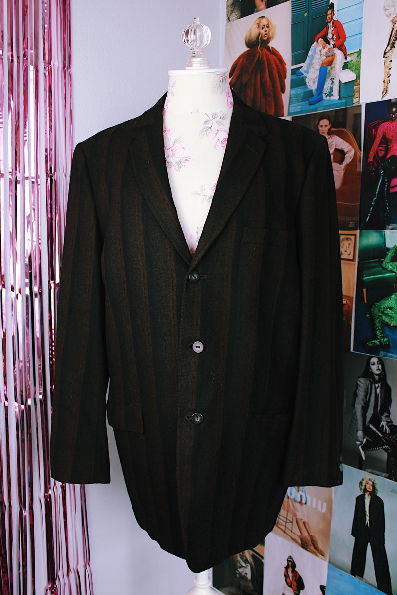 long sleeve black and dark brown vertical striped button up wool blazer vintage 1960's