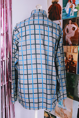 long sleeve grey button up shirt with black and blue plaid striped print vintage 1960's