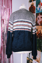 long sleeve v neck pullover velour sweater in navy and grey stripes vintage 1970's