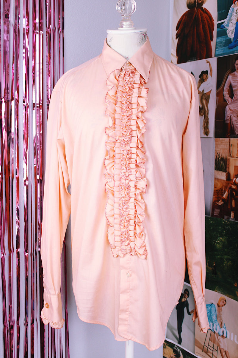 long sleeve peach orange button up ruffle front shirt vintage 1970's