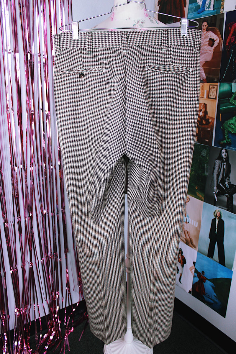 brown and cream houndstooth print polyester pants vintage 1960's