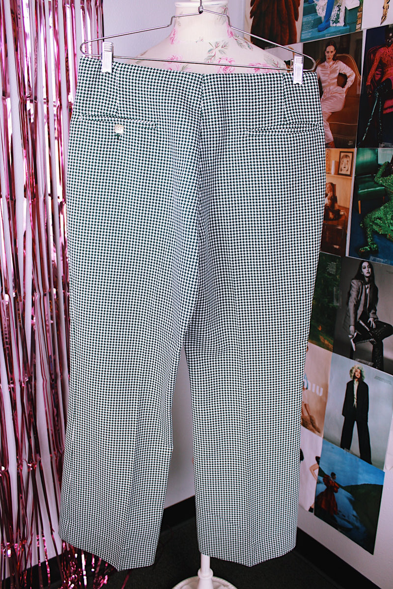 green and white houndstooth printed pants polyester vintage 1970's