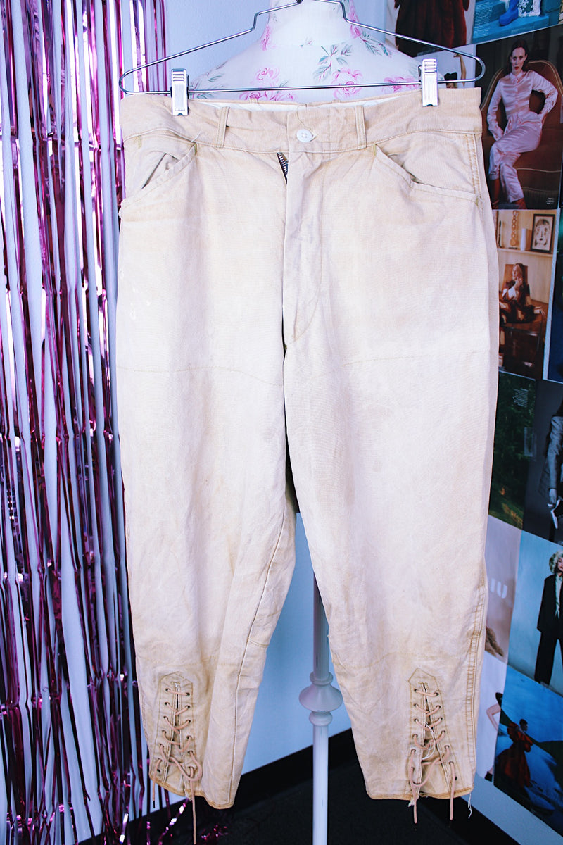 beige jodhpur riding pants capri length with laces at cuffs vintage 1950's