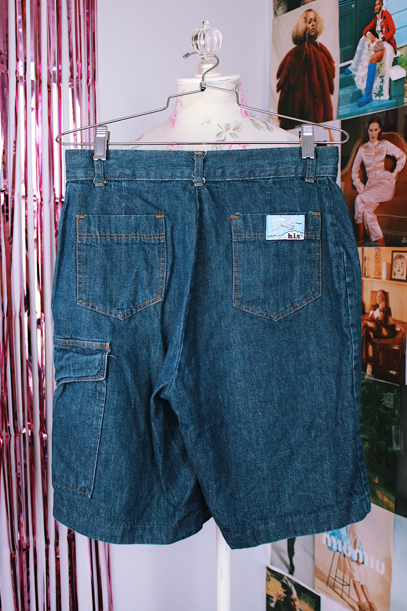 denim bermuda shorts with multiple pockets women's vintage 1990's