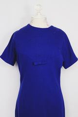 Women's vintage 1960's Elaine Terry California label short sleeve cobalt blue wool midi length dress.