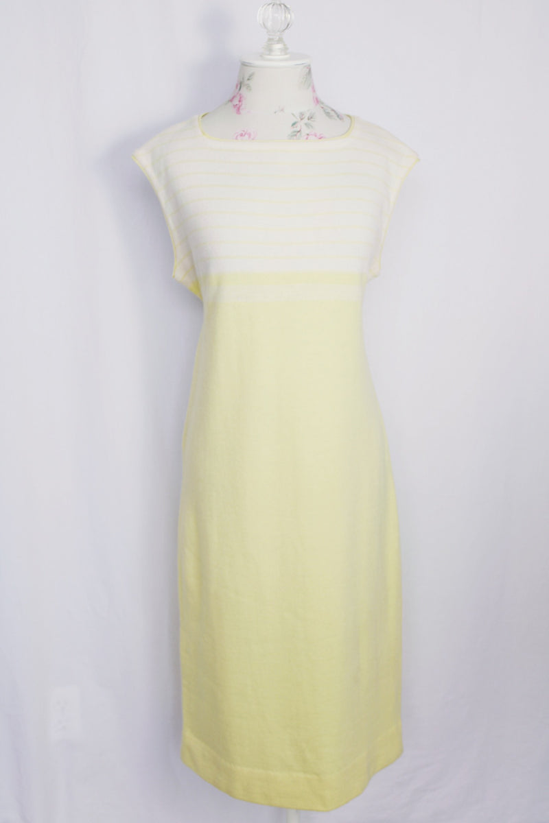 Women's vintage 1970's Jantzen, Made in USA label sleeveless midi length soft acrylic dress in baby yellow with white and yellow stripes across chest.