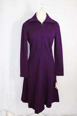 Women's vintage 1970's wool fabric made in USA long sleeve knee length dark purple zip up dress with pointy collar and fit and flare silhouette