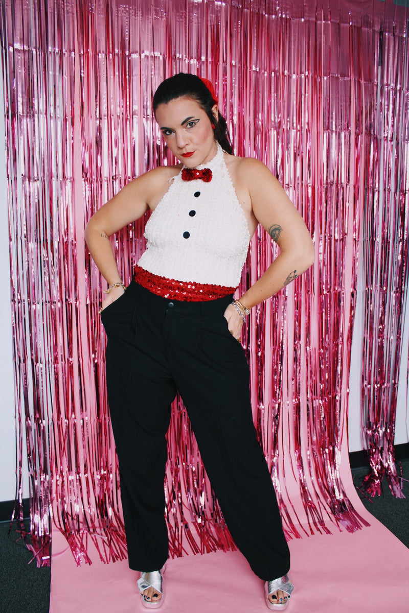 halter neck bodysuit with all over sequins that looks like a tuxedo vintage 1970's