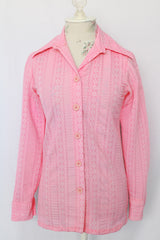 Women's vintage 1970's Laura Made Life Press label long sleeve button up pink shirt with dagger collar.