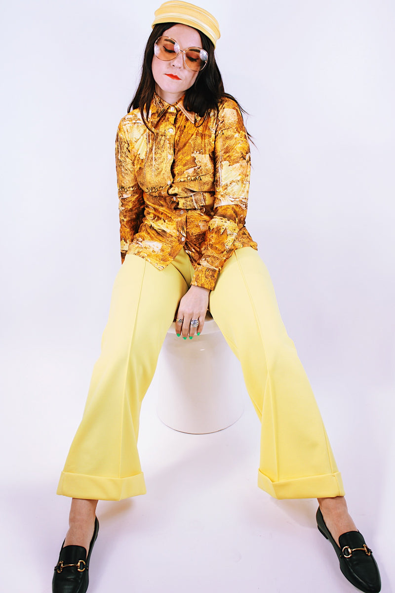 long sleeve printed yellow silky shiny polyester button up collar blouse women's vintatge