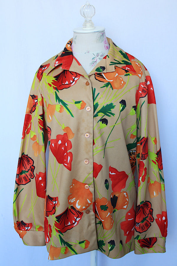 Women's vintage 1970's Mr. Fine, Dallas label long sleeve button up shirt in beige with all over red and orange poppy floral print. 