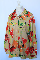 Women's vintage 1970's Mr. Fine, Dallas label long sleeve button up shirt in beige with all over red and orange poppy floral print. 