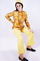 long sleeve printed yellow silky shiny polyester button up collar blouse women's vintatge