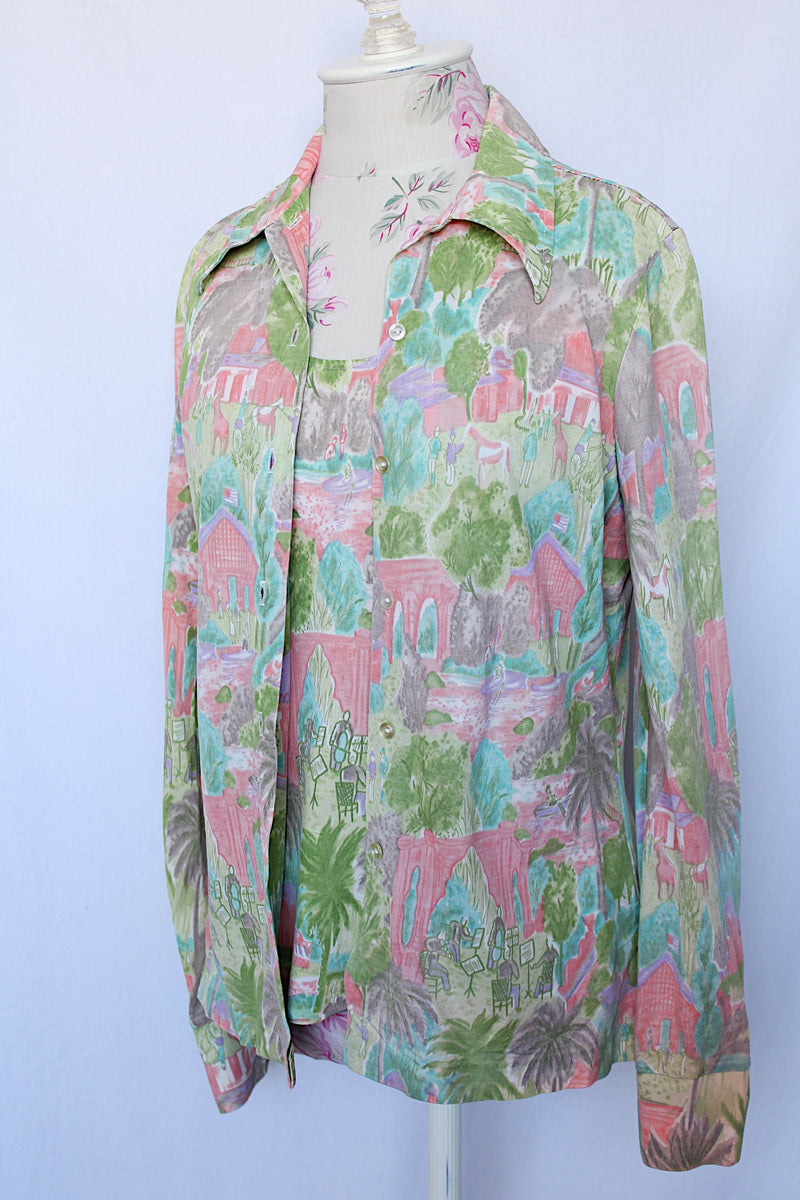 Women's vintage 1970's matching tank top and button up blouse set. 