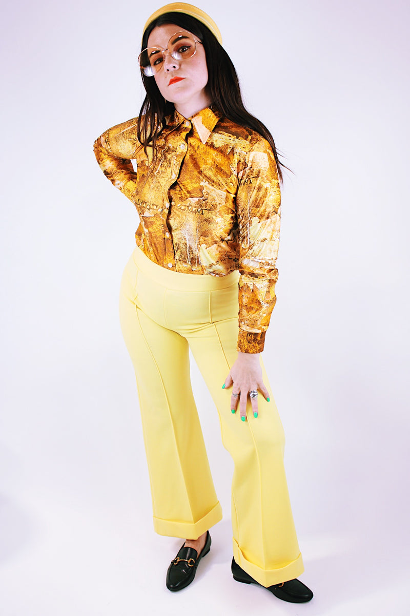 vintage yellow polyester pants with flair and front pleat stretch waistband