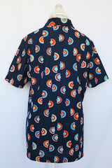 Women's vintage 1970's short sleeve navy button up shirt blouse with dagger collar and all over print in orange, brown, and blue