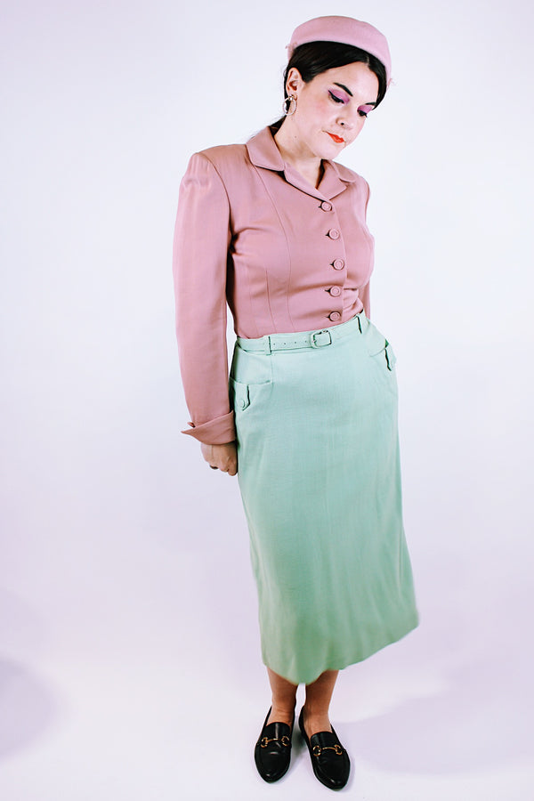 vintage high waisted pencil skirt with matching belt and front pockets in seafoam green
