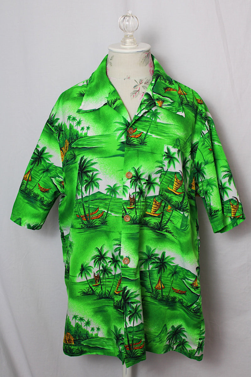 Men's or women's vintage 1990's Dolphin California short sleeve button up shirt with all over green Hawaiian print