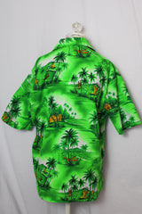 Men's or women's vintage 1990's Dolphin California short sleeve button up shirt with all over green Hawaiian print