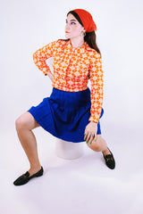 1970's vintage long sleeve printed cropped top orange print buttons up the front with collar