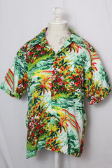 Women's or men's vintage 1970's Towncraft by JCPenney button up cotton shirt with pointy collar and all over green Hawaiian print. 
