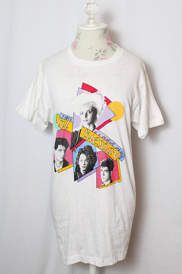 Women's or men's vintage 1985 Screen Stars, Made in USA label short sleeve white t-shirt with 'til tuesday band graphic on the front in various colors.