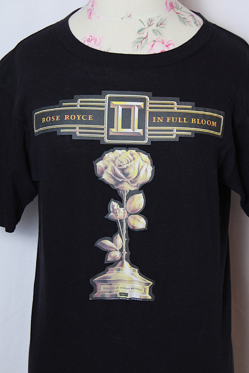 Women's or men's vintage 1977 Ched Quality Knits, Made in USA Rose Royce Full Bloom tee with graphic of a rose on the front. Cotton material.