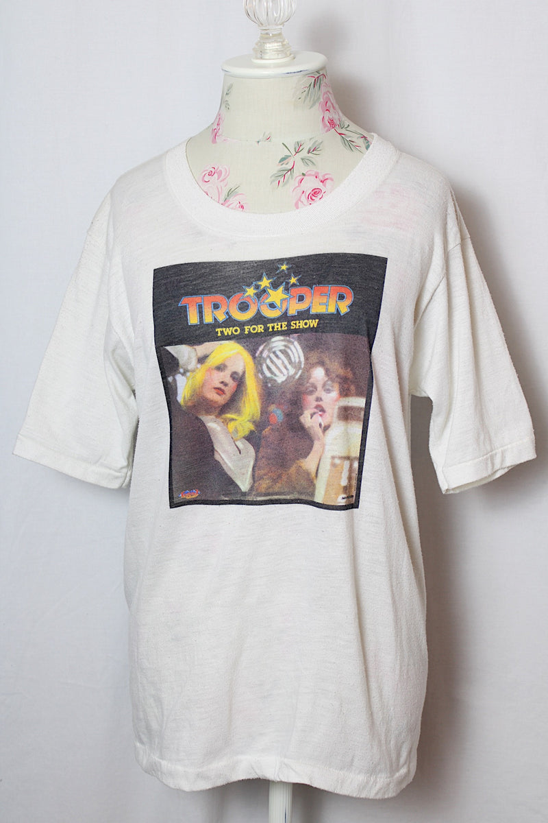 Women's or men's vintage 1970's Trooper band graphic tee from album Two For The Show in white cotton material.