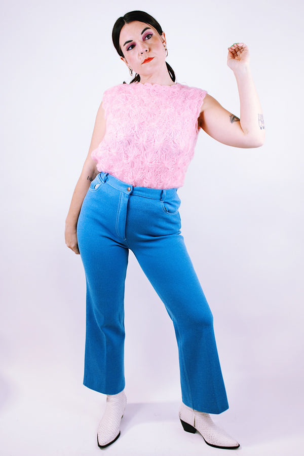 high waisted blue polyester pants with slight flair vintage 1970's