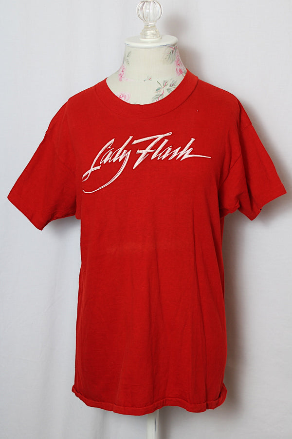 Women's or men's vintage 1970's Mayo Spruce label short sleeve red cotton tee from Lady Flash's Beauties in the Night 1976 album.