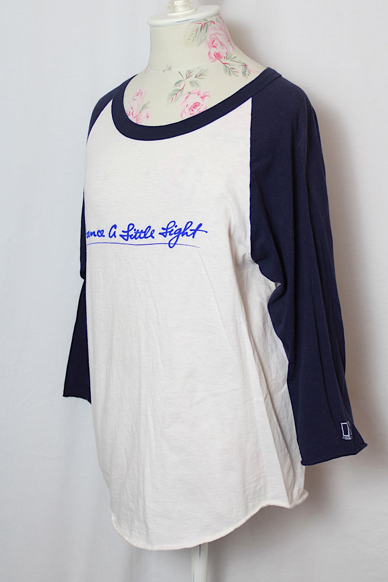 Women's or men's vintage 1970's 3/4 arm length white and navy band baseball tee from Richie Furay's album Dance A Little Light released in 1978.