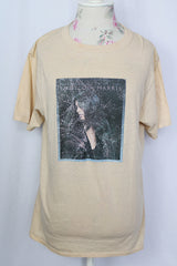 Women's or men's vintage 1978 Ched, Quality Knits, Made in USA label short sleeve tan colored cotton t-shirt with Emmylou Harris graphic for Warner Bros.