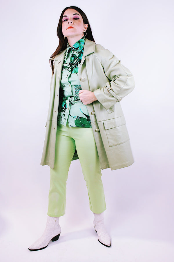 pastel green long sleeve leather jacket buttons up the front and collar 1960's vintage 