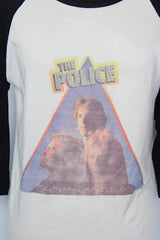 Women's or men's vintage 1981 3/4 arm length black and white baseball tee with graphic of The Police from their 1981 Australian Tour.