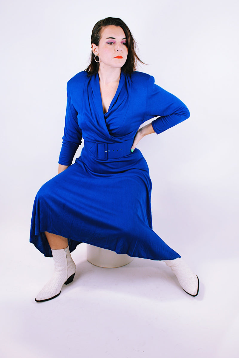 long sleeve midi dress with v neck and matching belt vintage 1980's in cobalt blue