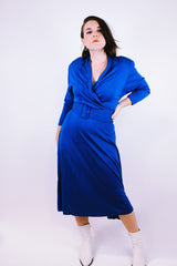 long sleeve midi dress with v neck and matching belt vintage 1980's in cobalt blue