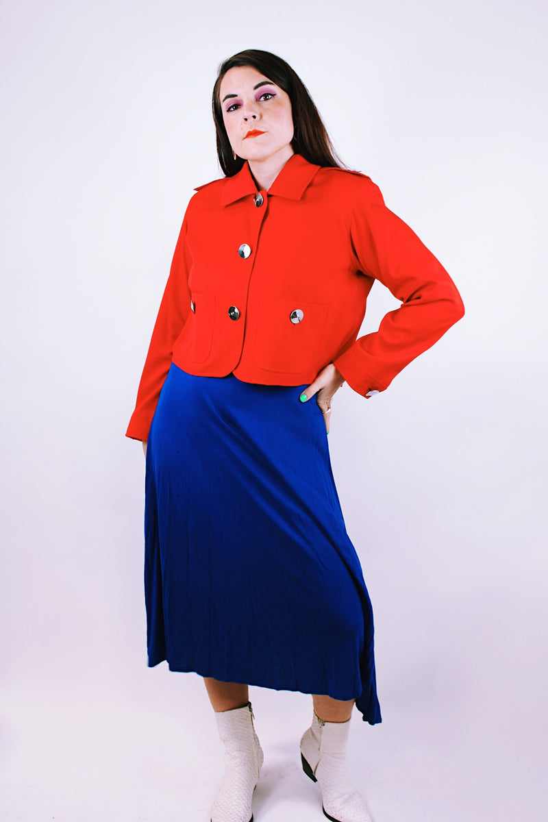 long sleeve bright red cropped jacket with big silver buttons vintage 1980's