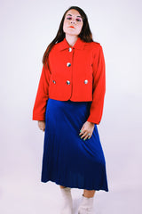 long sleeve bright red cropped jacket with big silver buttons vintage 1980's