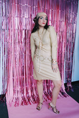long sleeve knee length gold metallic shift dress vintage 1970's
