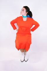 long sleeve mid length orange dress vintage 1970's keyhole neckline pure wool