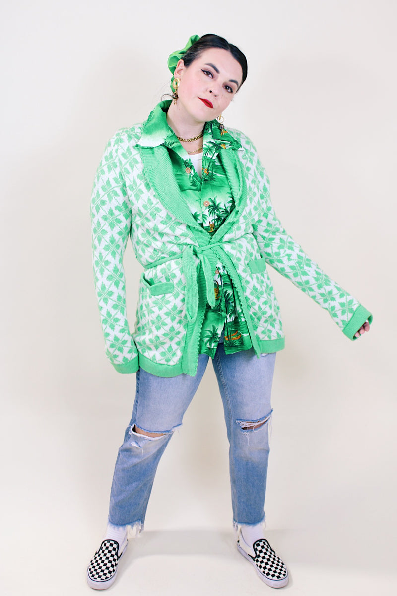 Women's vintage 1970's lime green and white printed open long cardigan with matching detachable tie belt.