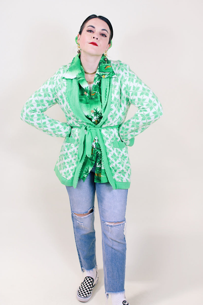 Women's vintage 1970's lime green and white printed open long cardigan with matching detachable tie belt.