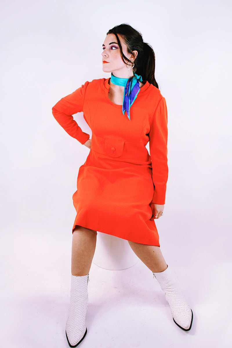 long sleeve mid length orange dress vintage 1970's keyhole neckline pure wool