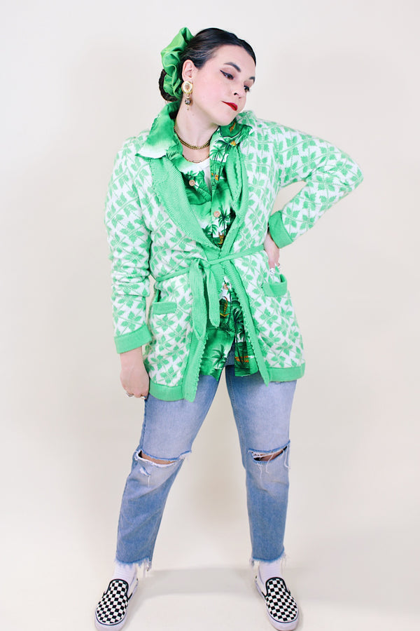 Women's vintage 1970's lime green and white printed open long cardigan with matching detachable tie belt.