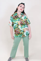 Women's or men's vintage 1970's Towncraft by JCPenney button up cotton shirt with pointy collar and all over green Hawaiian print. 