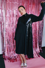long sleeve cotton mock neck dress knee length with sequins vintage 1980's